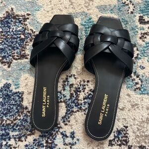 Saint Laurent Black Braided Leather Slide Mules